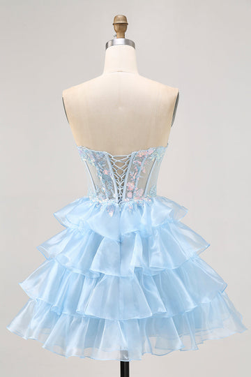 Tiered Sequin Blue Strapless Corset Cocktail Dress